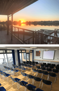 two photos showing a meeting room over looking a lake