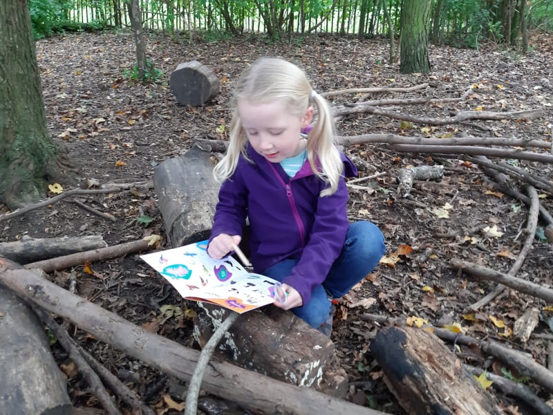 young girl reading an activity booklet in a wood