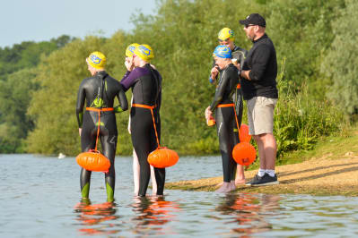 open water swimmers ready to go in lake