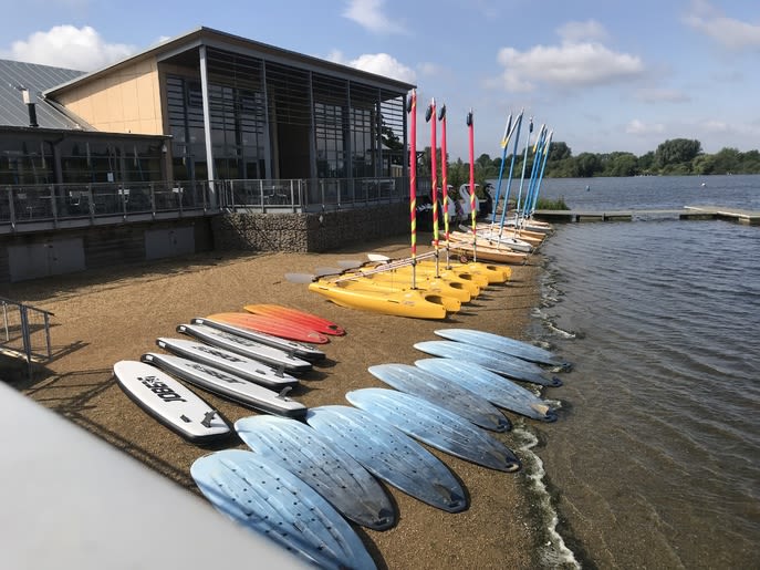 kayaks and canoes on the beach side of gunwade lake ready for hire