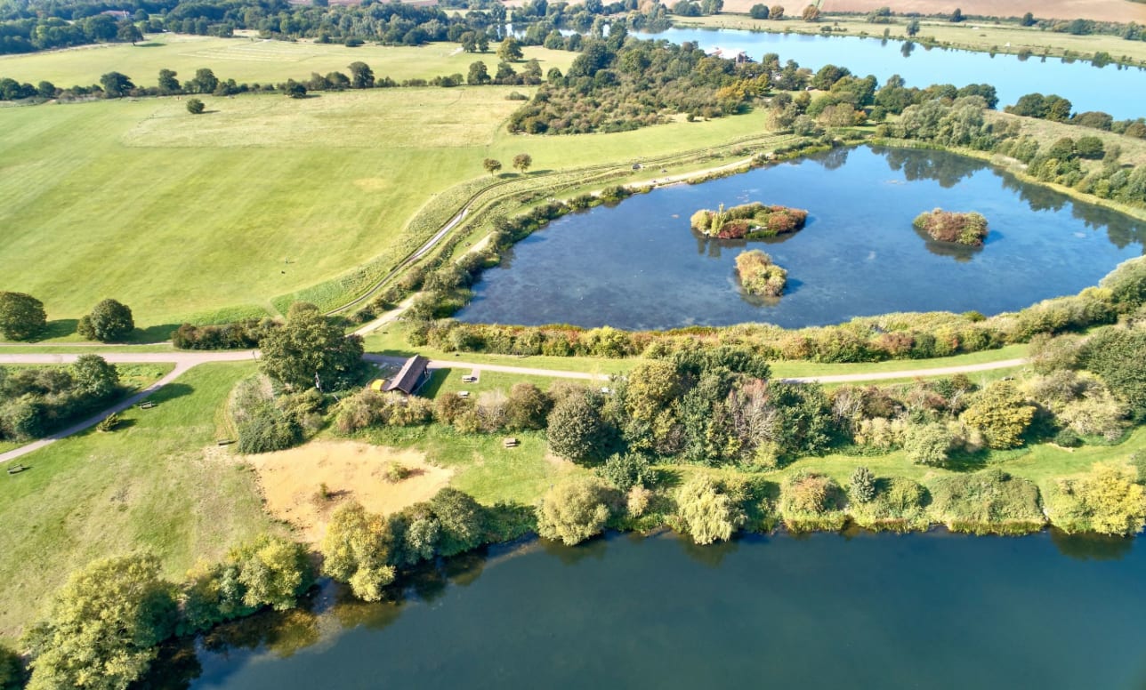 drone photo of the lakes in ferry meadows