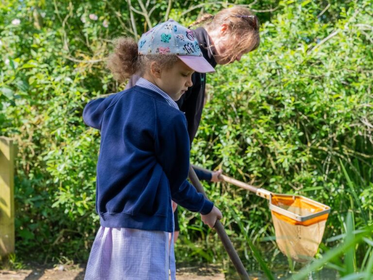 young school girl pond dipping with an outdoor education instructor