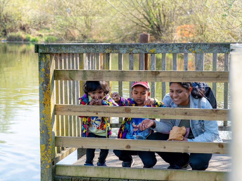 Mother and two young children feeding ducks in Ferry Meadows