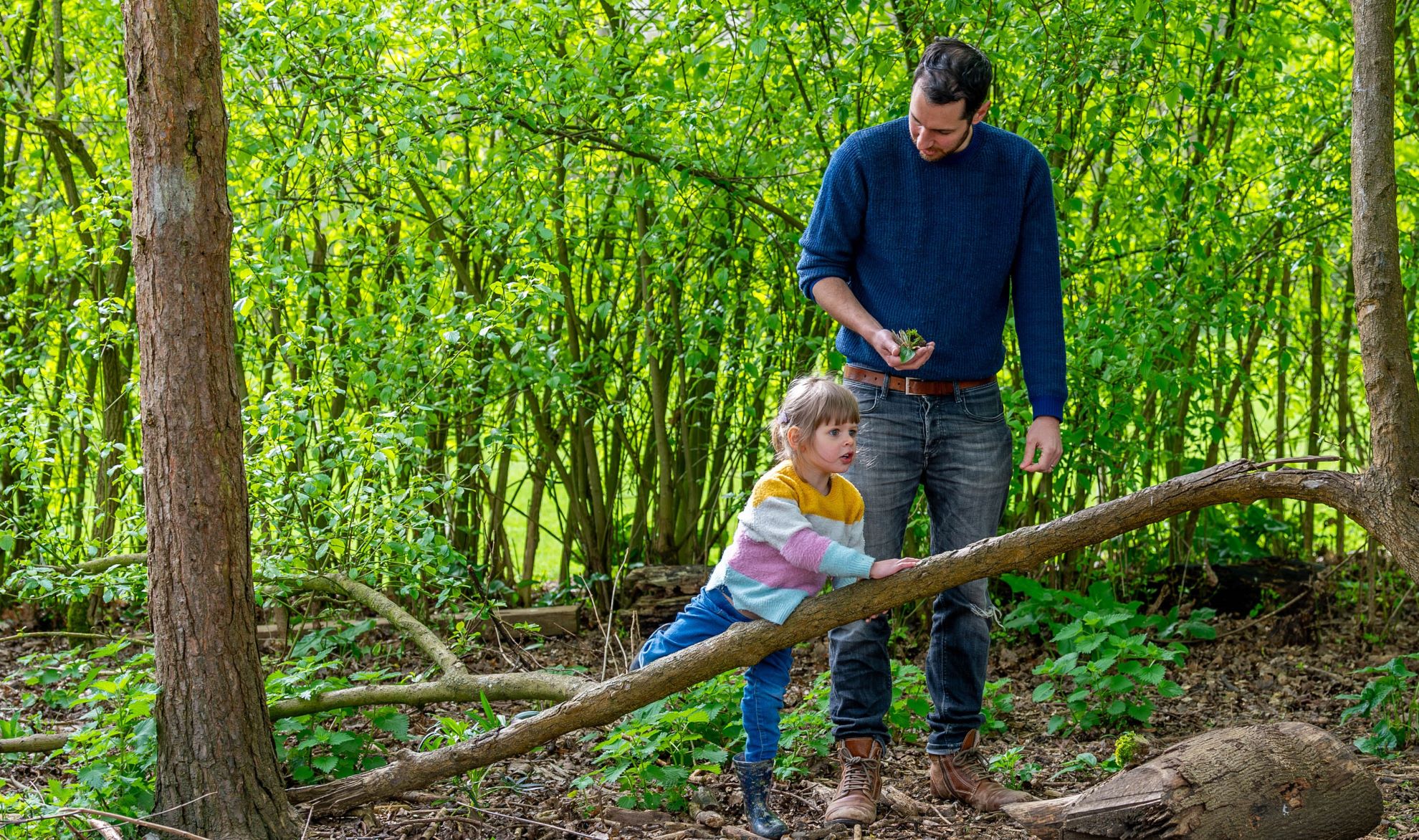 Father and young daughter exploring a wooded area
