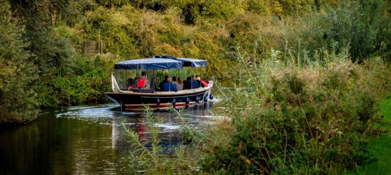 a small blue passenger boat on a river surrounded by green grass and trees with around 12 passengers on boards