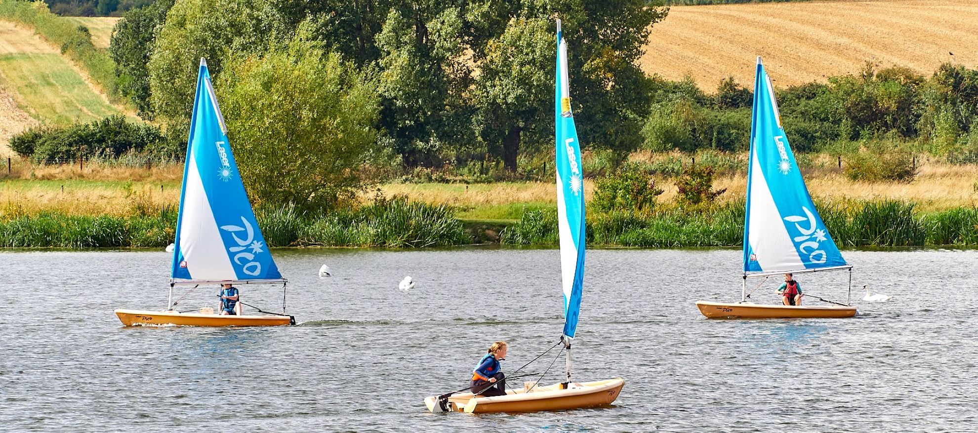 Three small blue sail boats on a lake with fields in the background