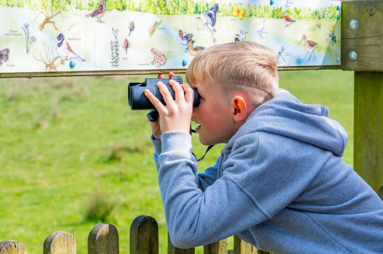 Boy looking through binoculars at one of the wildlife viewing areas in Ferry Meadows