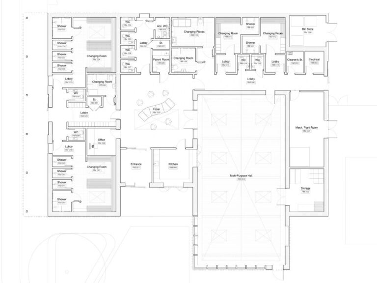 Illustrated site plan of an indoor sports pavillion