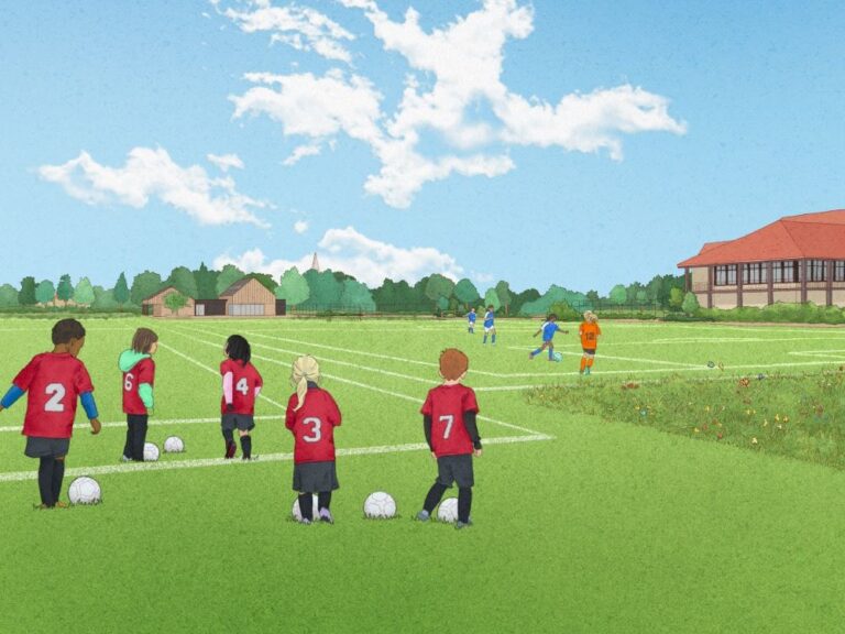 Artist impression of young children playing football on a sports field