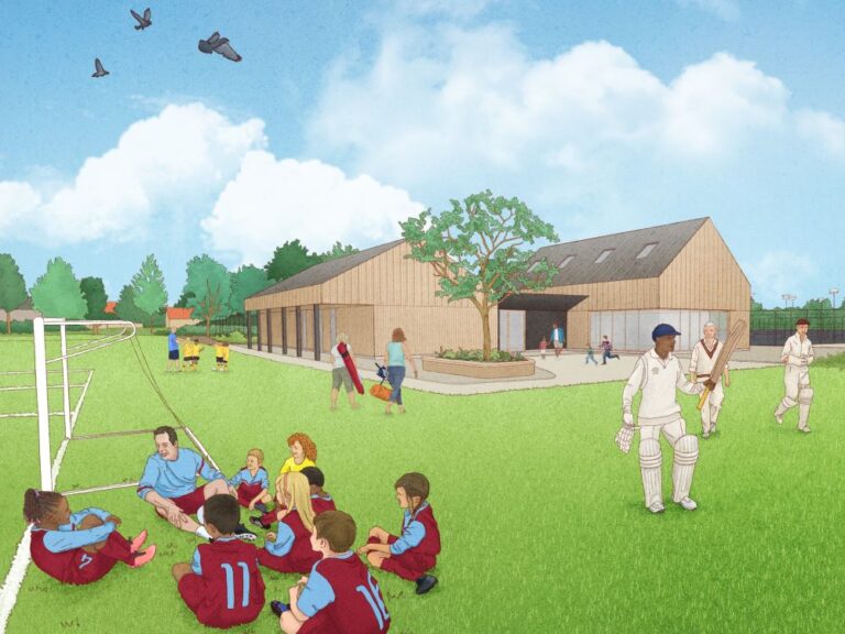 artist impression of a sports pitch with a young football team sat on one site and some adult cricketers walking past