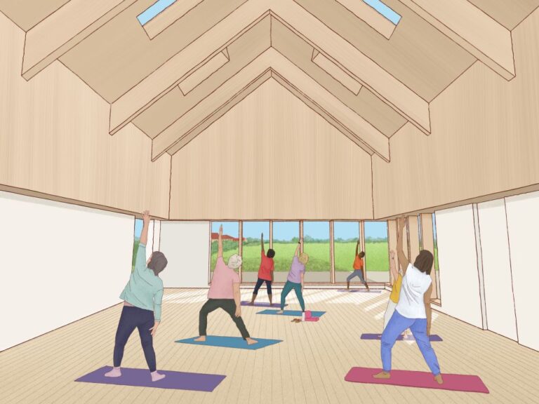 Artist impression of adults doing yoga inside a large spacious sports hall