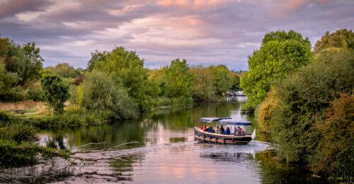 An autumnal evening with a small passenger boat heading along the river surrounded by green trees on either side