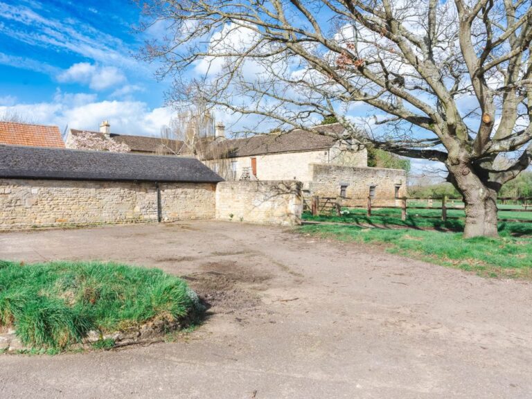 Farm yard entrance with stone buildings and a large impressive tree