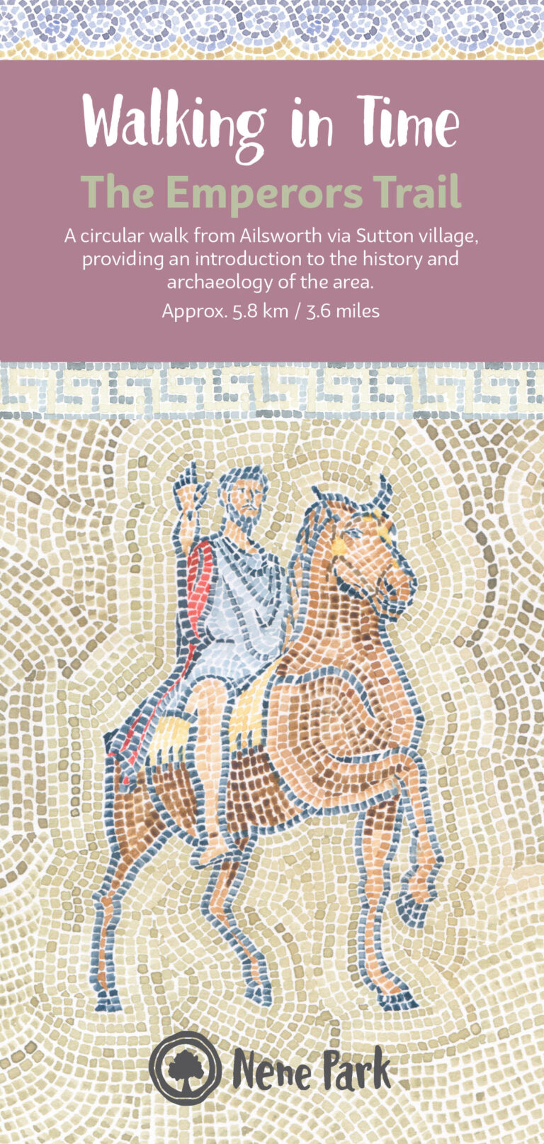 Front cover of a leaflet for 'The Emperors Trail' - a self led walk in Nene Park in Peterborough. Images shows a Roman Emperor on horseback in the style of a Roman mosaic