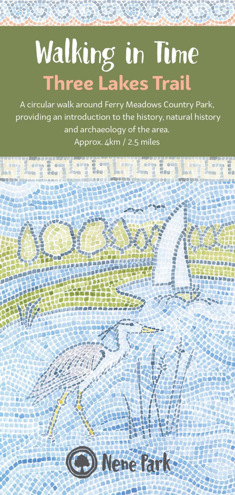 Front cover of a trail leaflet 'Three Lakes Trail' featuring an image of a sailing boat on a lake in the style of a Roman mosaic.