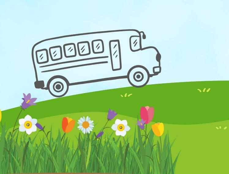 Drawing of a bus driving over a green grassy hill