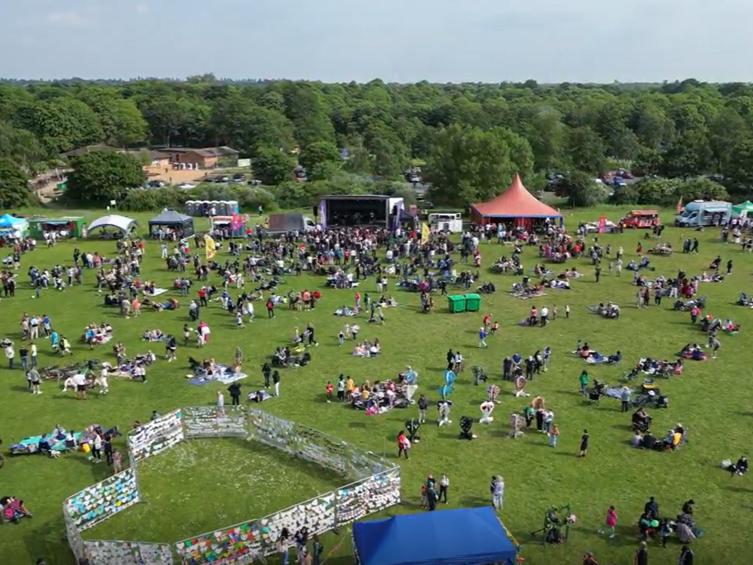 Drone view of a festival at Ferry Meadows