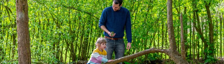 A man and a toddler playing in the woods.