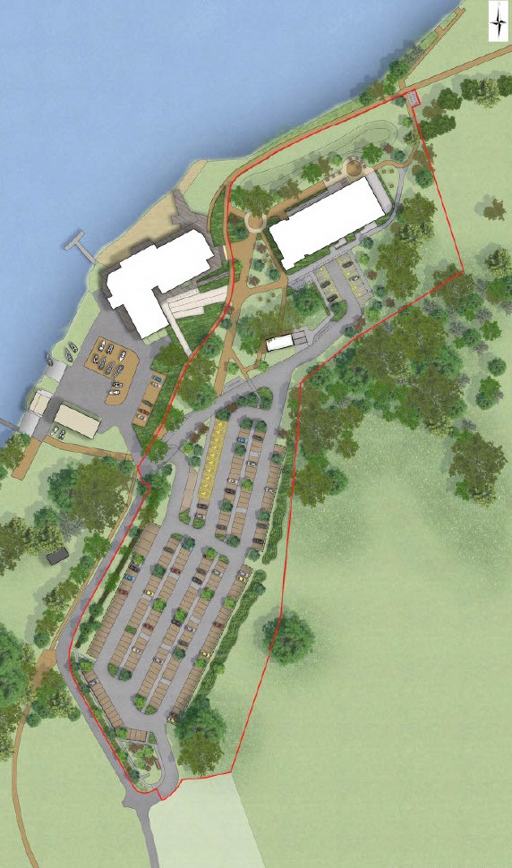 Architect's plan view of new building next to a lake.