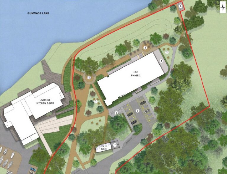 Architect's plan view for new buildings beside a lake