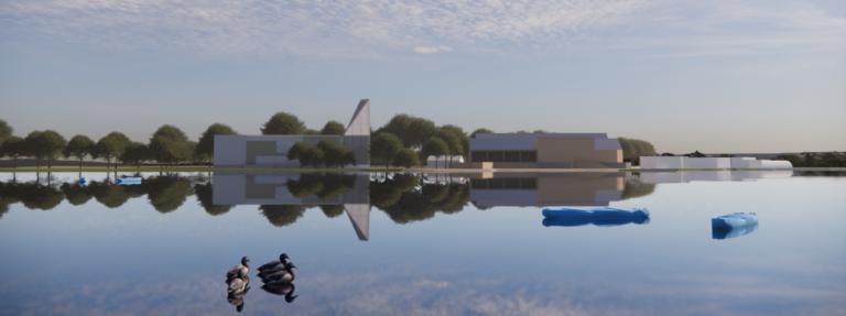 View of buildings on the other side of a lake.