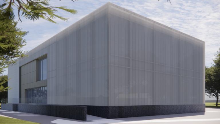 artists impression of a modern building in a park setting