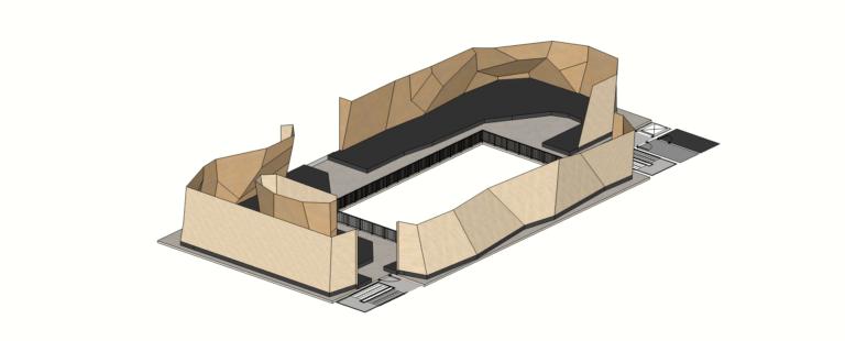 Internal design of upper bouldering floor for climbing centre.