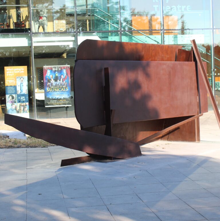 Steel modern sculpture in a city centre location.