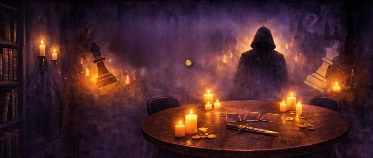 dark image of a hooded figure at a round table