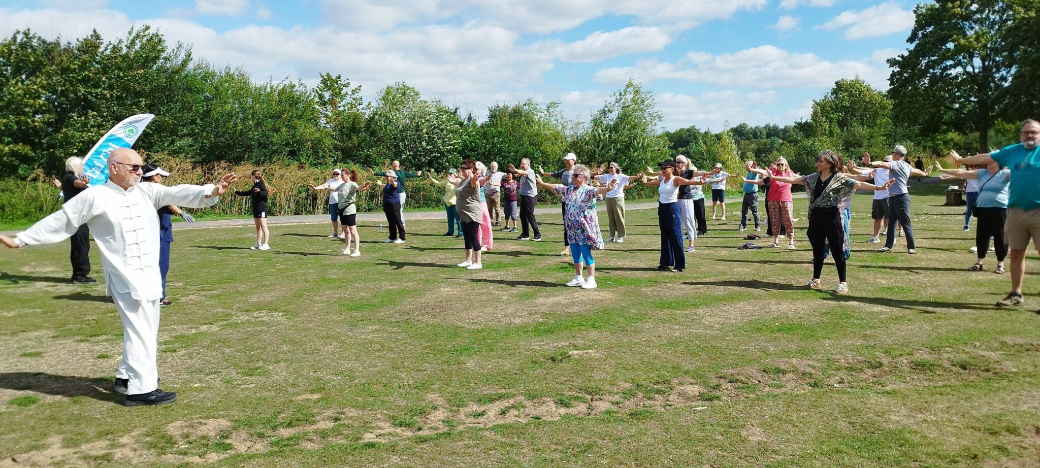 Group of people in a park doing Tai Chi.