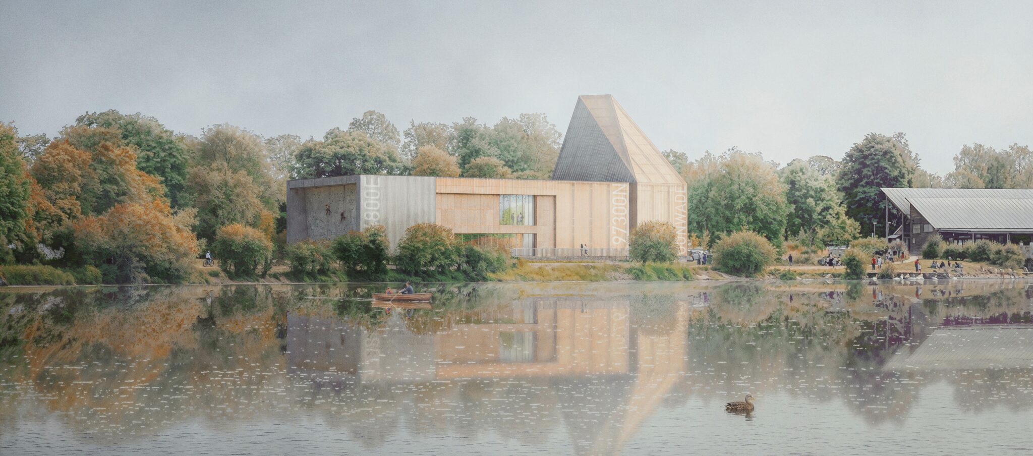artist impressions of a big building with a tower on the opposite side of a lake.