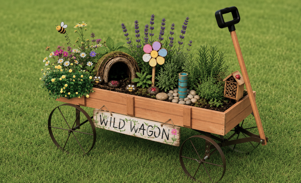 wooden wagon used as a flower planter